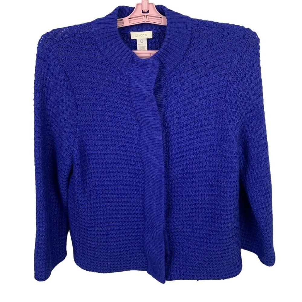 Chico’s Womens Royal Blue Cardigan Size 0 US Small Buttons Loose Waffle Knit
